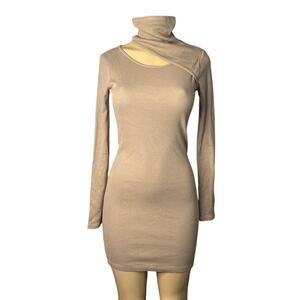 Monrow Turtleneck Dress Ribbed Knit Shoulder Cut Out Latte Brown SZ Large NWT